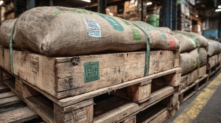 Traceable green coffee bags from smallholder producers stored in a warehouse, illustrating how system reliability defines quality in specialty coffee