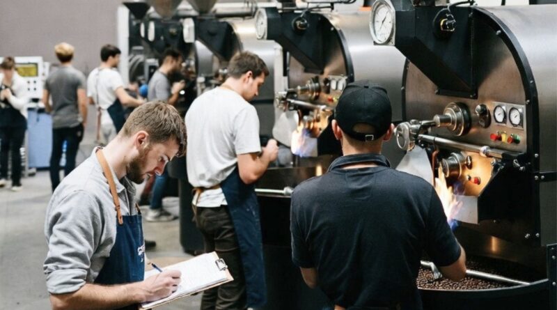 Multiple operators roasting coffee on production machines to maintain batch consistency