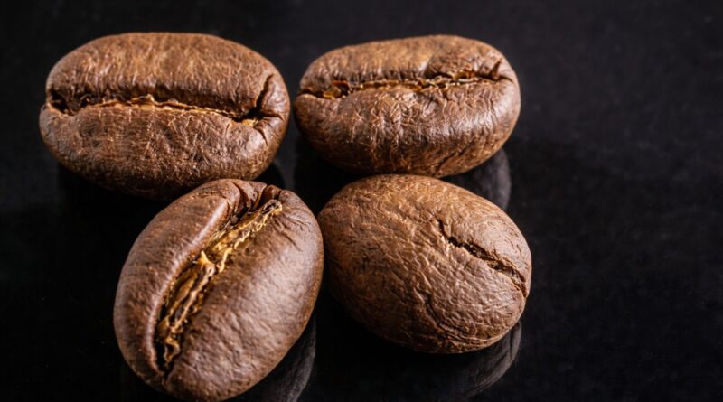 “Roasted coffee beans during development time after first crack in a production roastery”