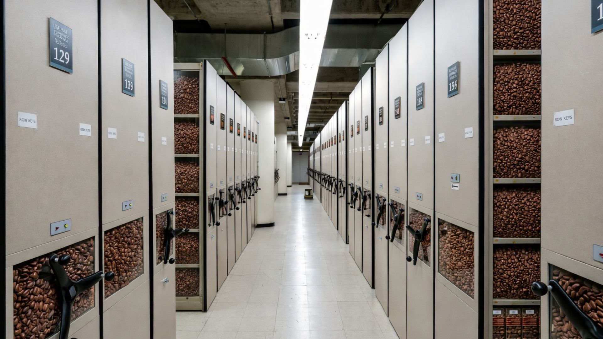 Industrial storage system holding roasted coffee beans in sealed containers to preserve freshness, consistency, and quality after roasting