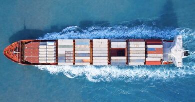 Container ship transporting goods across the ocean, illustrating how value and risk move through the global coffee trade