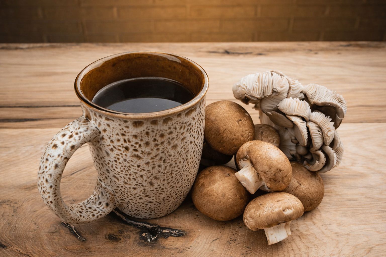 A cup of mushroom coffee placed next to medicinal mushrooms, illustrating the growing functional beverage trend