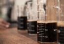 Cold brew coffee brewed with controlled extraction using precise coffee-to-water ratios in a glass measuring vessel