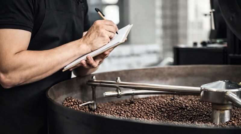 Coffee roaster monitoring beans in a roasting drum, illustrating how green coffee sourcing decisions affect production consistency and roast performance.”