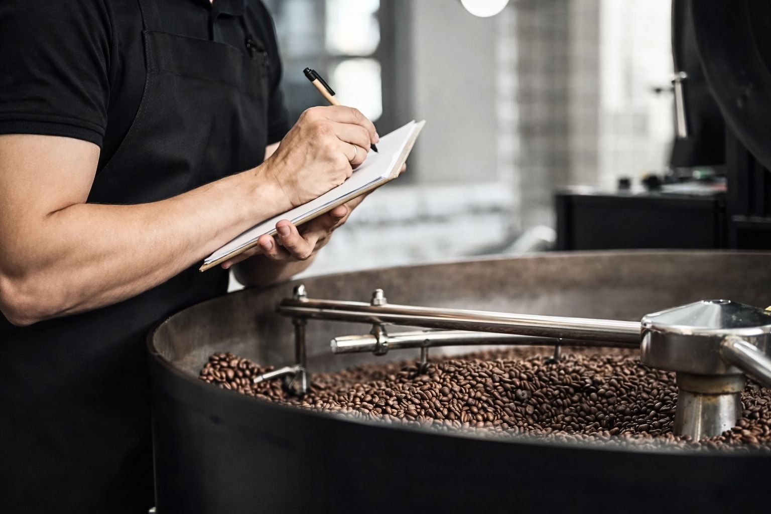 Coffee roaster monitoring beans in a roasting drum, illustrating how green coffee sourcing decisions affect production consistency and roast performance.”