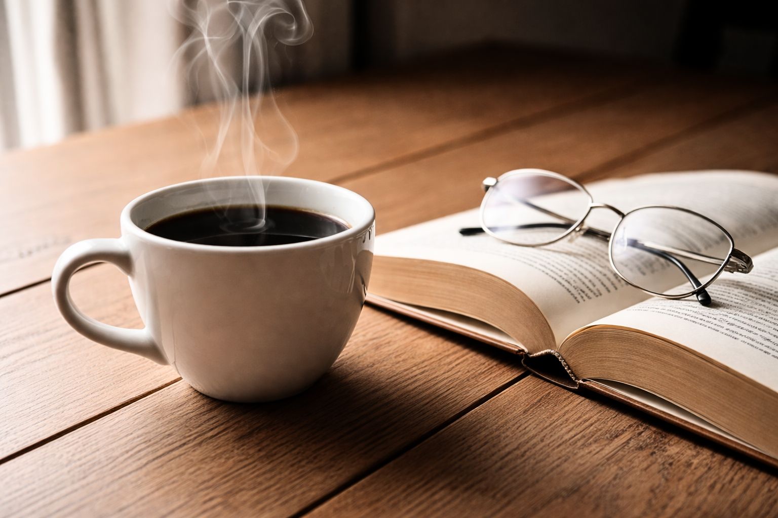 “A steaming cup of coffee on a wooden table beside an open book, representing how coffee enhances focus, comfort, and daily enjoyment”