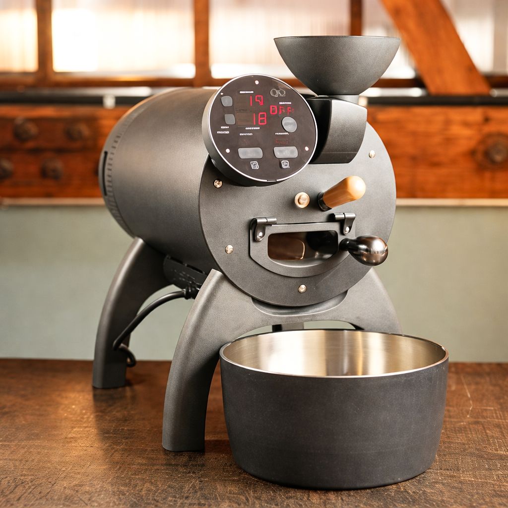 Small commercial drum coffee roaster used in a local roastery