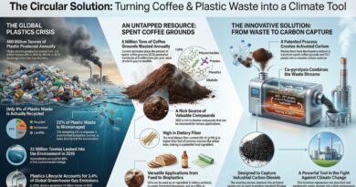 Diagram showing spent coffee grounds and plastic bottles converted through high-temperature co-pyrolysis into activated carbon used for capturing CO₂ from industrial smokestacks.