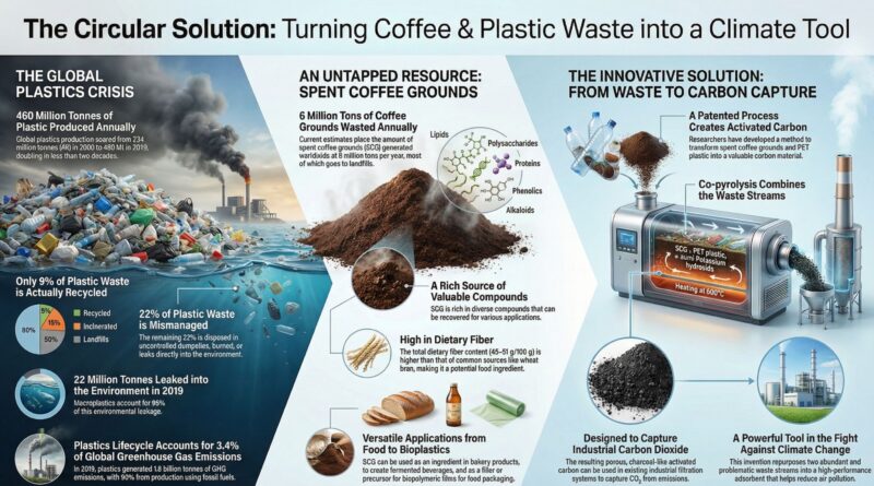 Diagram showing spent coffee grounds and plastic bottles converted through high-temperature co-pyrolysis into activated carbon used for capturing CO₂ from industrial smokestacks.