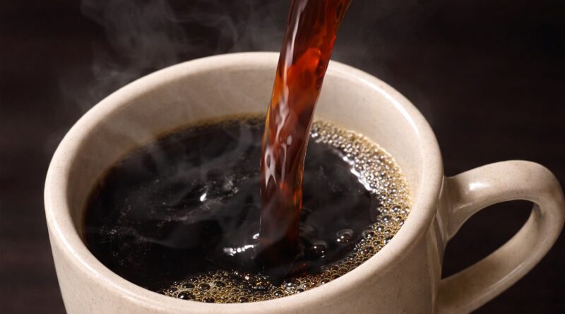 Hot black coffee being poured into a ceramic cup.